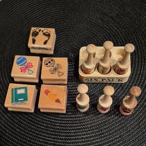 ASSORTED Wood Mount Rubber Stamps, Floral/Baby/School Theme, Set Of 11